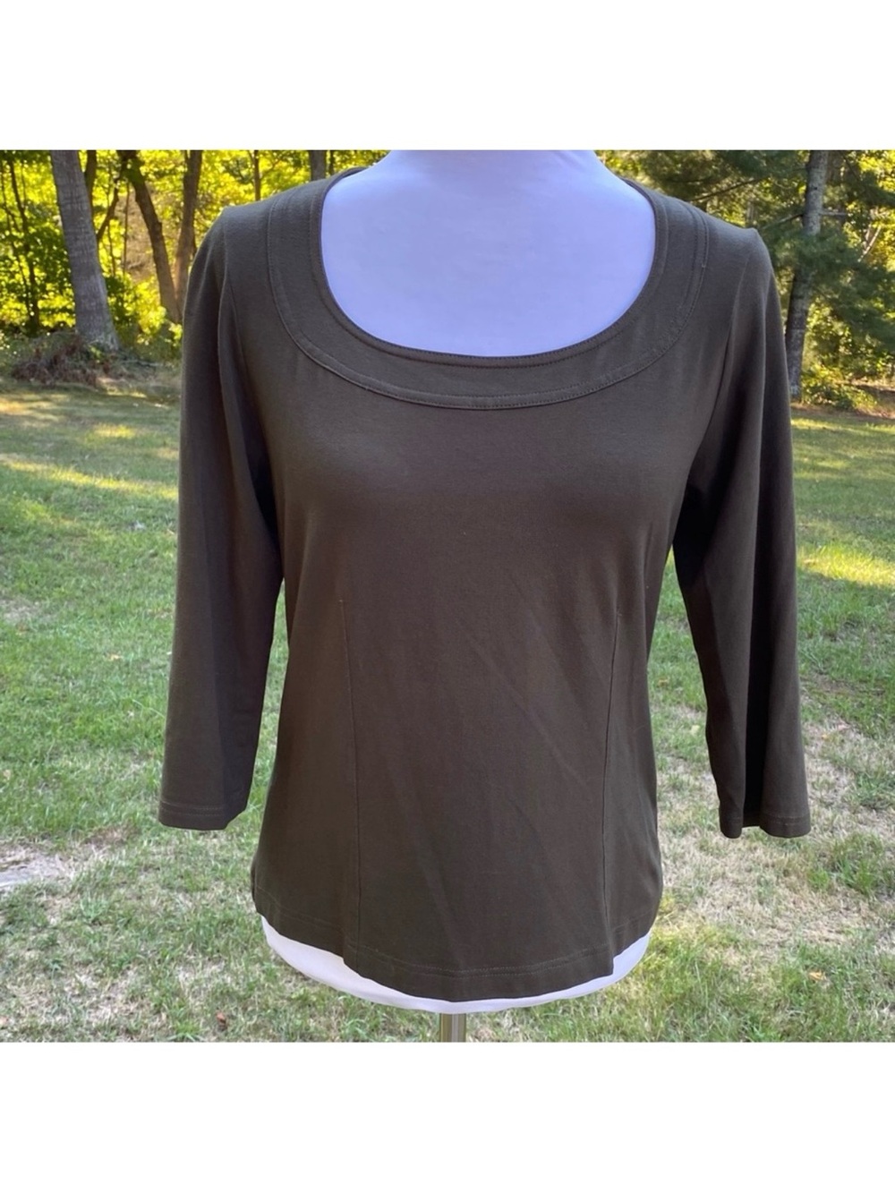 WORTH TOP TEE OLIVE GREEN SCOOP NECK 3/4 SLEEVE SIZE M